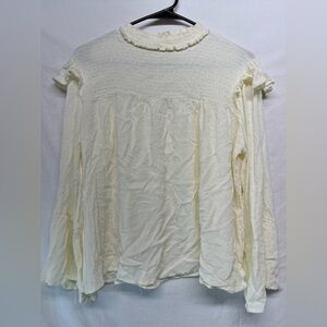 Vintage style Smocked Peasant High Neck Cream Ruffle Blouse w/ Bell sleeves SZ L